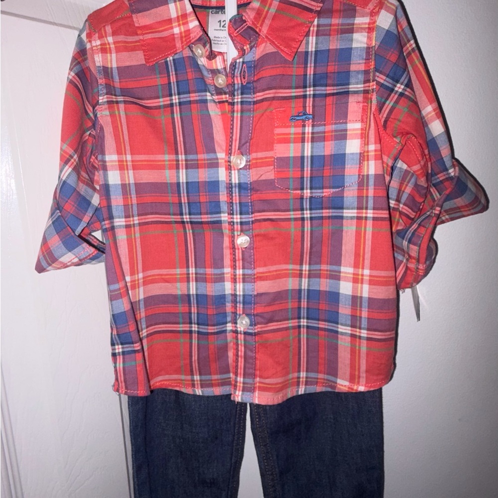 Plaid Kids Shirt and jeans set- Red and Blue